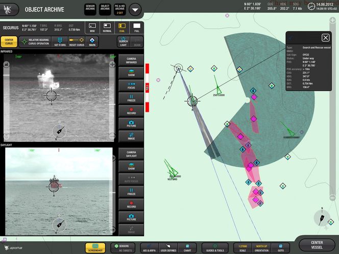 Vakt: Landkontrollen vil ha full kontroll med det autonome skipet. Operatøren vil se to videobilder fra henholdsvis IR og dagslyskamera, sammen med et kartutsnitt på høyre side. Kartutsnittet viser situasjonen rundt fartøyet, basert på input fra ulike typer sensorer (AIS, radar bilde, ARPA targets, projiserte videobilder), som sammen bidrar til å bygge opp en beskrivelse av