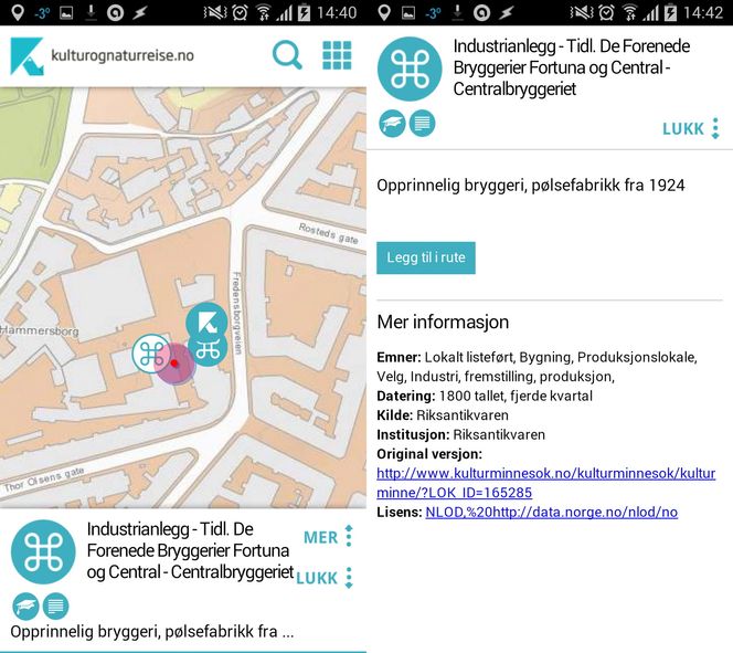 KNappen finner informasjon om interessante punkter der du er og supplerer med informasjon med for eksempel Riksantikvaren.