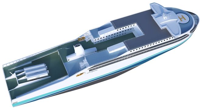 Fergekonseptet til Rolls-Royce uten lasteramper og med utskiftbare LNG-tanker.