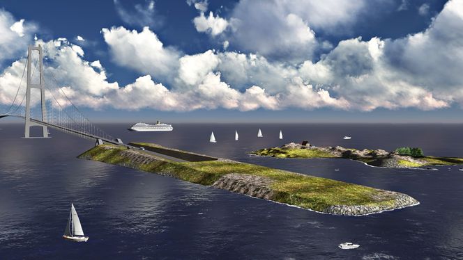 Kunstige øyer: 
For å komme utenom verneområdene lanserer Statens vegvesen kunstige øyer der veien går ned i senketunneler før land. Det foreslås at arealene på den kunstige øya kan brukes til rekreasjon eller gangvei. 
Ill.: Sweco