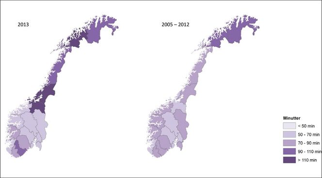 Kartene viser fylkesvis fordeling av gjennomsnittlig gjenopprettingstid per langvarige avbrudd. Kartet til venstre er for 2013, kartet til høyre er for perioden 2005-2012.