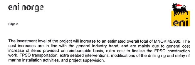Her er Enis forklaring til myndighetene på kostnadsoverskridelsen til Goliat, sendt 16. mai i år.