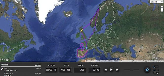 Her er den komplette ruta som MSN-2 fløy på sin tolvtimersferd i natt.