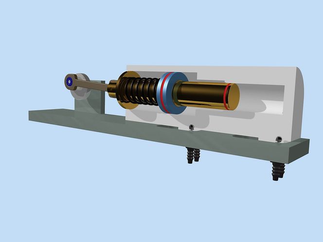Systemet består av to pumper med én motor og ett pumpehus. Ved å flytte pumpehuset nærmere eller vekk fra elektromotoren kan du velge hvor langt stemplene skal skyves inn i pumpehuset.