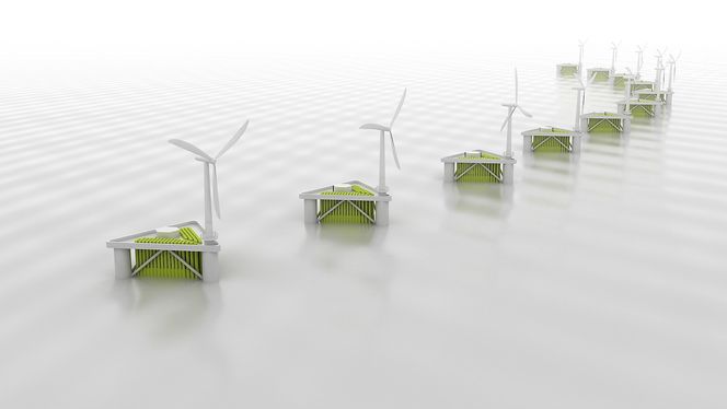 Hybridplattform. Evolver-systemet i kombinasjon med vindturbiner. Tanken er at modulene kan plasseres ved kysten på land, på broer og offshoreinstallasjoner.