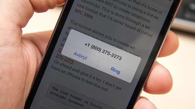 Om du trykker på en tel-lenke i Apples nettleser Safari får du opp en dialog hvor du må bekrefte at du vil ringe telefonnummeret.