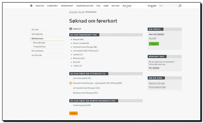 Her er en sniktitt på et av skjermbildene av forbedrede selvbetjeningsløsninger på Vegvesen.no som ennå ikke er aktivert.