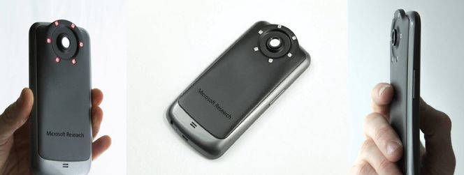 Modifisert smarttelefon med NIR LED-ring, båndpassfilter og et 3D-printet mobildeksel.