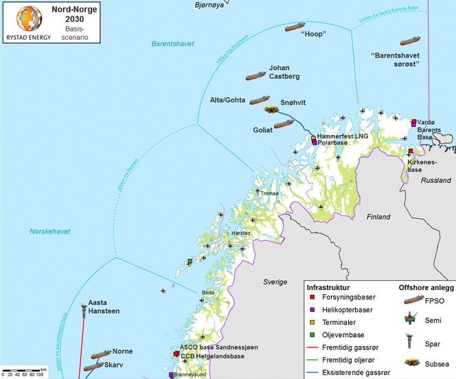 Slik kan sokkelen i Nord-Norge være bygget ut i 2030, ifølge Rystad Energy.