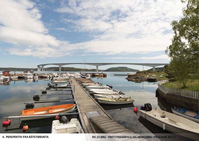 En fritt frambyggbru mellom Røyken og Frogn vil bli en visuelt tung konstruksjon, mener utrederne av en ny Oslofjordkryssing nord for Drøbak.