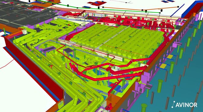 EBS visualisert: Det grå-svarte feltet er dekket på Pir nord. Bagasjen kommer inn i innsjekking i Sentralbygningen som i dag. Derfra går den ned til kjelleren (hovedbagasjesorteringen), videre i egne føringsveier over Jernbanekulverten og inn i det området vi ser på dette bildet. Fargene skiller mellom fag/leverandører. Bagasjeanlegg: Lys grønn. VVS, innendørs: Rød. Elektroinstallasjoner: Lys blå.