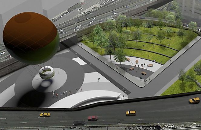 Selv midt i trafikkmaskinen tenker man å tilrettelegge for gående og syklister, med en liten park og bedre fremkommelighet, på veien til Brooklyn Bridge Park. Ballongen på tegningen kan ta inntil 30 personer om gangen, og er ment å fungere som et utsiktspunkt over området.