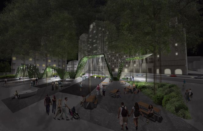 Belysning av uteområder er et vesetlig tiltak for å gjøre Brooklyn Tech Triangle mer attraktivt. Her et eksempel fra Cadman Plaza.