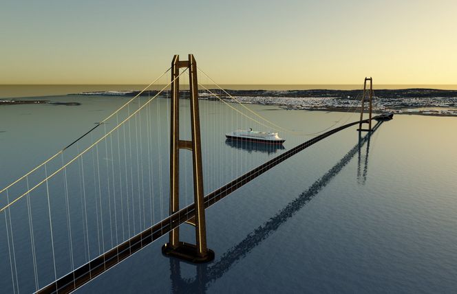 Mulig hengebru mellom Jeløya og Horten,sett mot Horten med ilandføring via kunstige øyer.