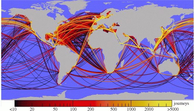 Skipsruter: De meste trafikkerte skipsrutene vises som gult. Dette er basert på AIS, som ikke er 100 % korrekt ettersom få satellitter kan ta i mot slike signaler.