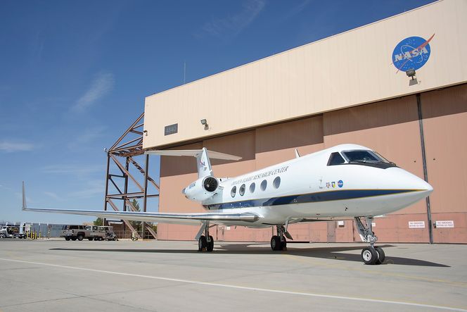 G-III ble opprinnelig konstruert som et forretningsfly, men tjener som testplattform hos Nasa her på deres Armstrong flight research center på flybasen Edwards i California.