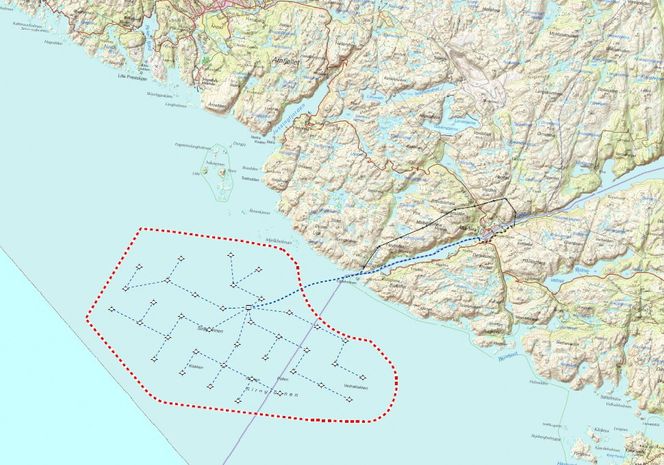 Havvindparken (200 MW) skulle ligge på mellom 10 og 40 meters dyp på fylkesgrensen mellom Vest Agder og Rogaland, og mellom kommunene Sokndal og Flekkefjord. Illustrasjon: Multiconsult