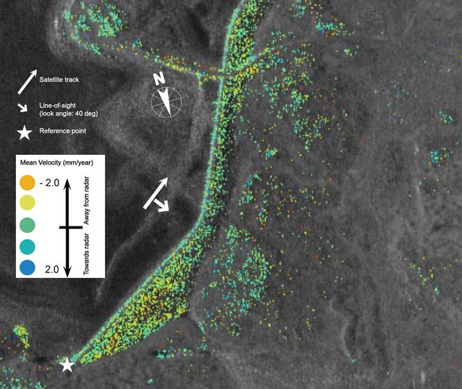 Bildet viser setningsmålinger produsert av Globesar AS over en demning. Målingene, illustrert med en fargeskala, har en oppløsning på cirka 3 meter og gir langt flere målepunkt enn dagens tradisjonelle målemetoder. Satellittmålingene brukt i dette bildet kommer fra satellitten TerraSAR-X, levert av den tyske romfartsorganisasjonen DLR.