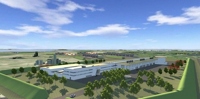 Foreløpige planer for skavdronsbygget, med vedlikeholdsbygg til høyre.