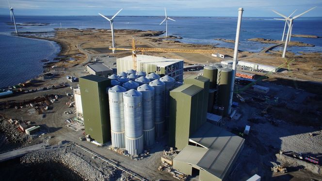Fabrikk: Fôrfabrikken til Marine Harvest slik den så ut i februar i år. Den åpner snart og vil forsyne 60 prosent av fôret Marine Harvest selv trenger i Norge. Fabrikken skal bruke LNG og vindkraft til energiforsyning. ⇥Foto: Marine Harvest