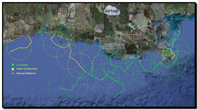 Kartet viser eksisterende og planlagt infrastruktur i regi av Airtap i Mexicogulfen.