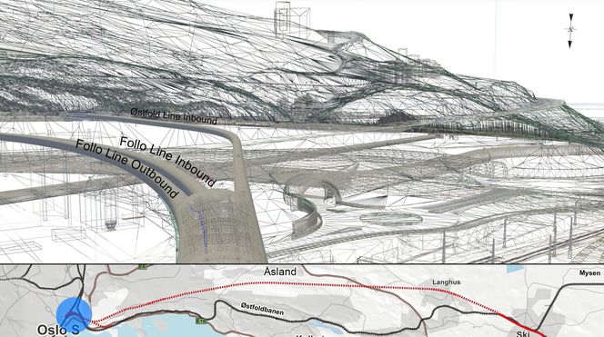 Illustrasjonen viser at det er mye å ta hensyn til når det skal bygges ny jernbanetunnel til Follobanen gjennom Ekebergåsen.