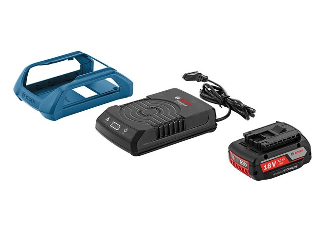 Trådløst batteri: Det nye batteriet som kan induksjonslades ser ut som hvilket som helst av de vanlige verktøybatteriene til Bosch. Ladeplaten har lysdioder som viser ladetilstanden til batteriet. I tillegg kan man få en ramme som gjør det lettere å sette fra seg verktøyet på ladeplaten.