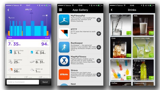 Fra venstre søvntrackingen, app-koblingene og matregistreringen.