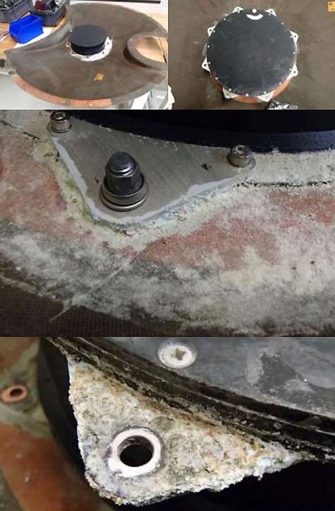 FOC er like korrosjonsutsattEt tilfeldig eksempel på ett av 92 korrosjonstilfeller er denne antennetilkoblingen der manglende overflatebehandling har ført til korrosjon av aluminiumkoblinene på antenneboksen. Aluminiumen er boltet til karbonfiber-beskyttelsen som har resultert i galvanisk korrosjon som ble ytterligere framskyndet av at dreneringshullene ikke var plassert på lavest mulige sted. Feilproduksjon er dette kategorisert som.