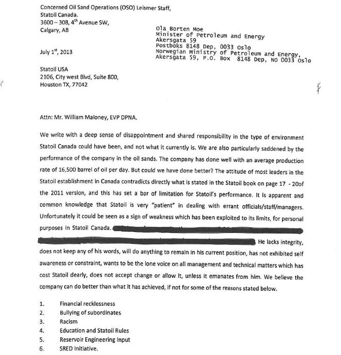 Dette varslerbrevet ble blant annet sendt til Statoils konserndirektør for Nord-Amerika og Helge Lund.