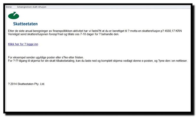 Denne e-posten hevder å være fra Skatteetaten og lover mottakeren 4550 kroner og 17 øre tilbake på skatten.