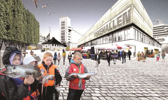 Fisk: Tupelo arkitektur ser åpenbart for seg at barn skal løpe rundt på Vippetangen med hver sin fisk - uten innpakning. Muligens er de selvfisket?