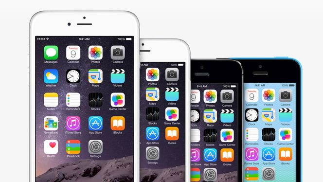 Fra venstre: iPhone 6 Plus, iPhone 6, iPhone 5S og iPhone 5C.