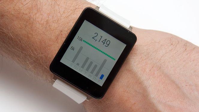 G Watch følger med på hvor mange steg vi har tatt i løpet av dagen. Journalisten har hatt en ganske slapp dag i dag.