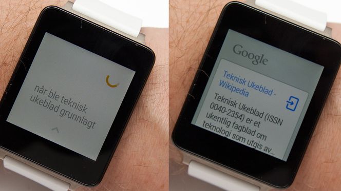 Selv om kommandoer ikke fungerer på norsk, kan du snakke til klokken. Den tolker da alt du sier som Google-søk. Det fungerer bra.