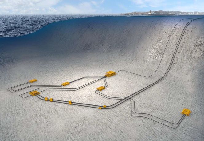 Slik kan undervannsutbyggingen på ned mot 1200 meters dyp på Ormen Lange se ut med kompressoranlegget (nærmest veggen ved Storeggaraset).