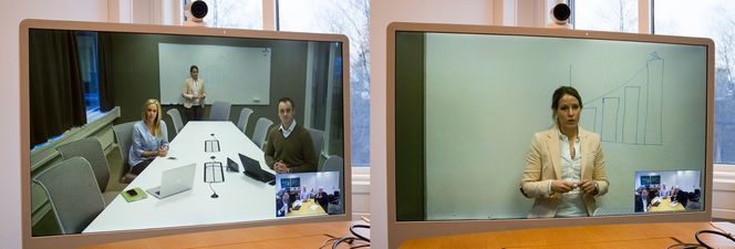 Speaker Track: De to automatiske kameraene i møterommet følger deltakerne. Når ingen snakker får motparten et oversiktsbilde. Når en deltaker presenterer noe på tavla innerst i rommet zoomer et av kameraene inn på vedkommende og presenterer et nærbilde.