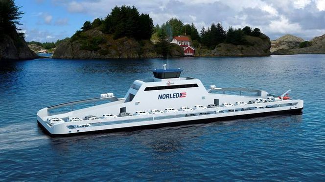 Verdens første: Norsk teknologi har fått et forsprang på batteriferger. Myndighetene satte krav til utslipp og energieffektivitet. Norled og Fjellstrand presenterte denne fergen med plass til 120 biler og360 passasjerer.