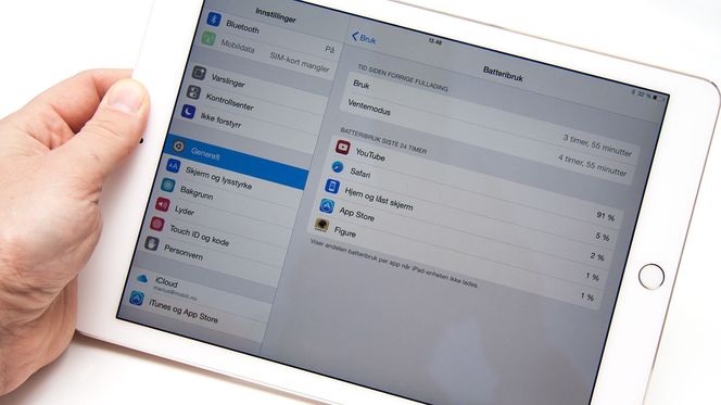 Batteritiden er god. Siden brettet har iOS 8.1 kan du enkelt sjekke hva som har brukt strøm.
