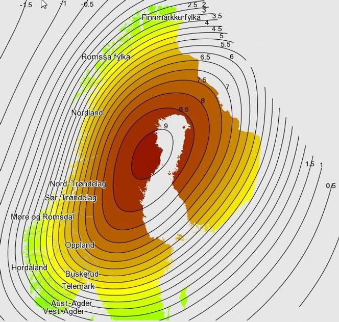 Landhevingen varierer utfra hvor tykk iskappe landsdelen hadde i istiden. I innlandet hvor iskappen var tykk er landhevingen større enn på kysten der isen var tynnere.