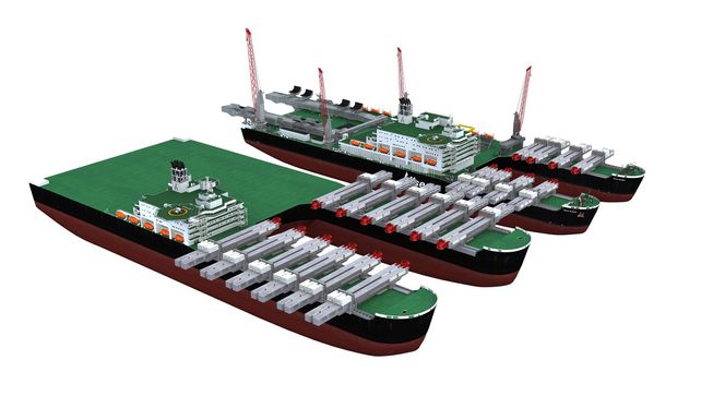 Allseas planlegger et fartøy som er enda større enn Pioneering Spirit (tidligere Pieter Schelte). Illustrasjonen viser det nye skipet foran Pioneering Spirit.