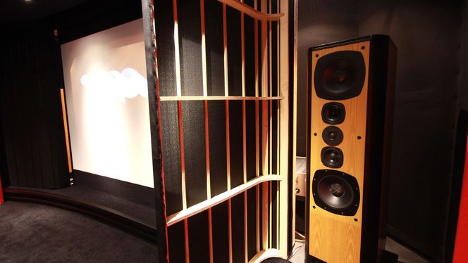 Dette er et par Dali 40 som er plassert ved siden av lerretet, med spesialbygde deksler trukket med høyttalerstoff.
