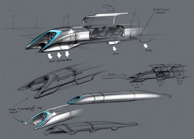 En skisse av Hyperloop-kapselen. Foran ses kompressoren som skal redusere luftmotstanden til kapselen og skaffe luft til luftlagerne som kapselen skal sveve på.