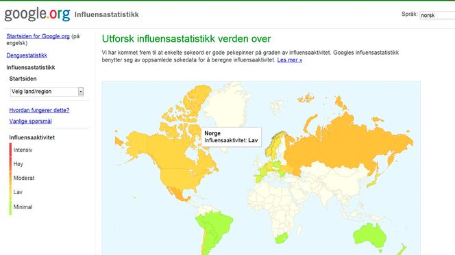 Googles influensastatistikk gir et grafisk bilde av influensasesonger, men uten lengre tidsperspektiv.