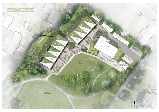 De to nye massvitrebyggene til venstre i bildet, det gamle Furuhuset til høyre. 30 arkitekter meldte seg til konkurransen, fire gikk til finalen.