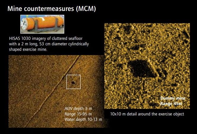 Syntetisk aperture sonar (SAS)-bilde av en dummy-mine på havbunnen.