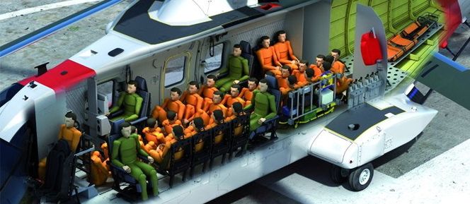 AW101-kabinen har plass til 30 seter med kollisjonsbeskyttelse. Når det blir mer enn 19 passasjerer er det samtidig krav om et mannskap på minst tre.