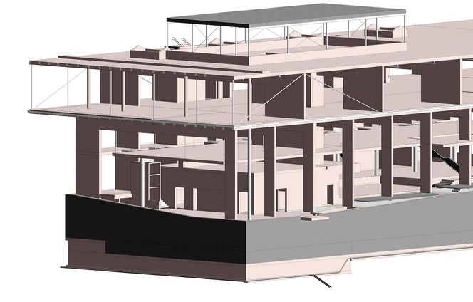 UTEN STØTTE: På denne tegningen ser man hvordan hjørnene på utkragningen er festet med skrå stålstag. Utkragning uten støtte fra bjelker eller søyler er høyst uvanlig. Her sees også etasjen som henger i stålstag, uten noen form for understøttelse.