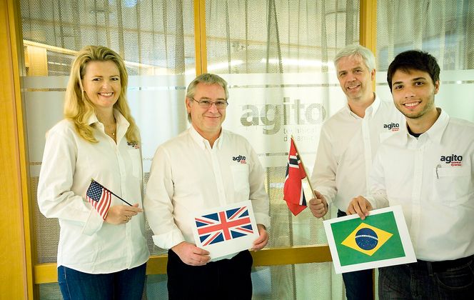 Internasjonalt: Agito har etablert seg i flere verdenshjørner. Fra venstre: Anne Sofie Olsen,  VP i Agito Houston, Gordon Haldane, VP i Agito UK, Rune Lien, grunnlegger og teknisk leder av Agito AS og Carlos Witte, VP i Agito Brasil.