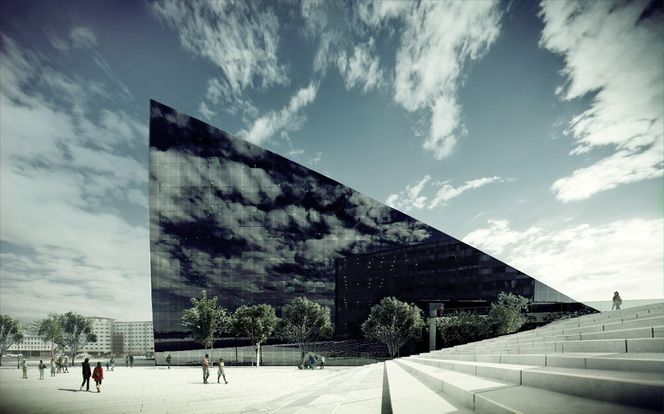 Dette forretningsbygget på Brattørkaia i Trondheim skal Powerhousealliansen snart begynne å bygge. Det skrå taket er valgt for å gi solcellene optimal vinkel mot solen.